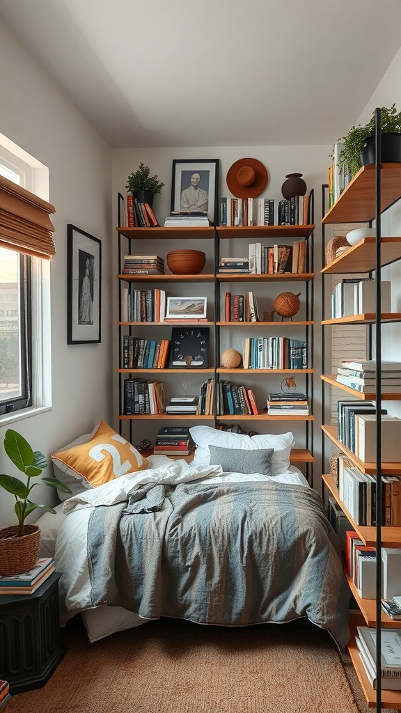 13 Creative Bedroom Ideas for Small Spaces 21 A small bedroom featuring tall shelves filled with books and decorative items, alongside a neatly made bed.