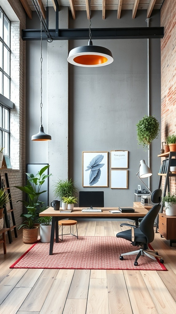 17 Inspiring Home Office Ideas for Men 34 A stylish urban loft home office featuring a wooden desk, modern chair, plants, and artwork.