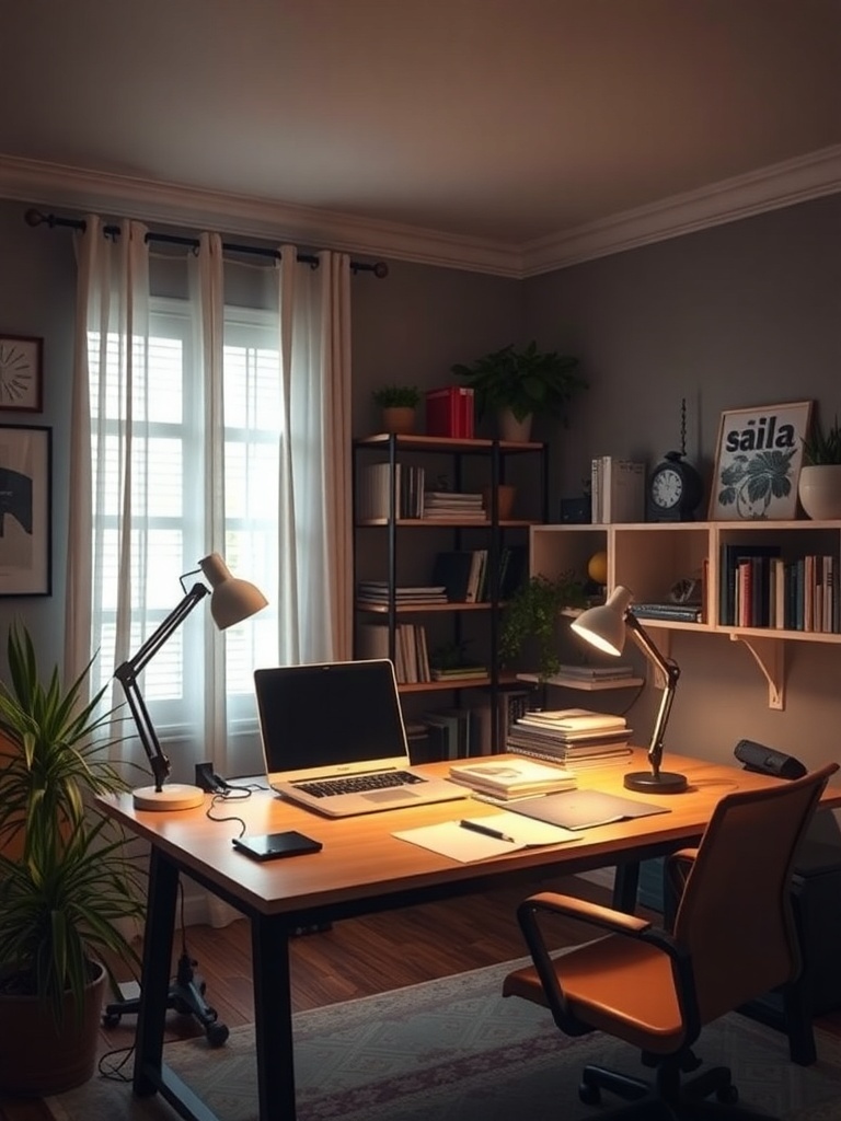 18 Stylish Modern Home Office Ideas to Inspire Your Space 24 A modern home office with a desk, laptop, task lamps, and plants, showcasing effective lighting for focus.