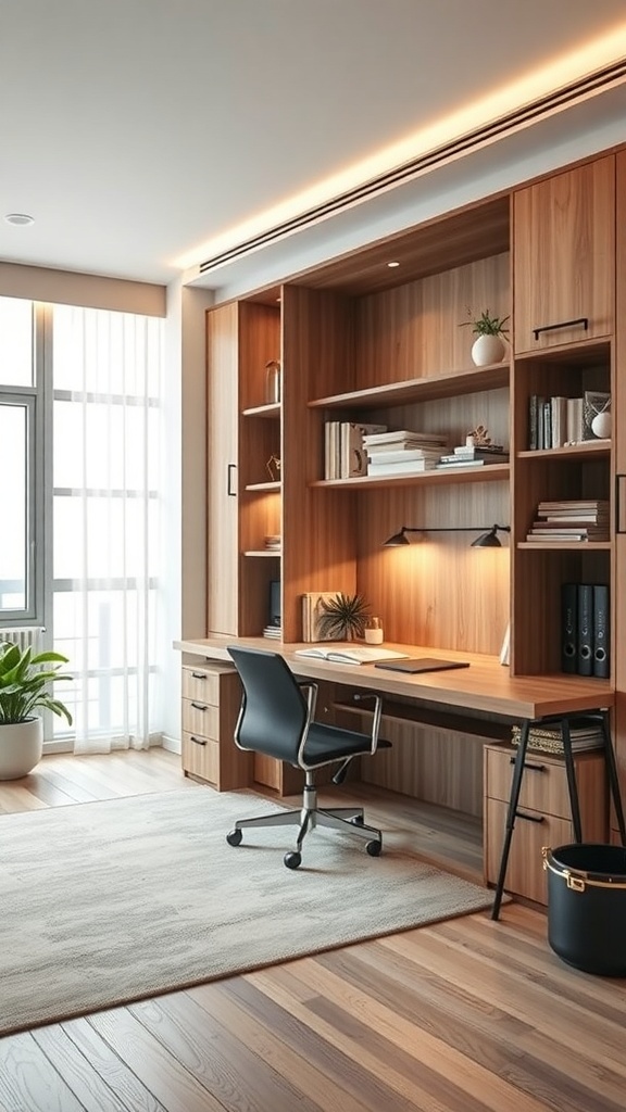 19 Creative Murphy Bed Office Guest Bedrooms Ideas 12 A modern office setup featuring a wooden desk, shelves, and a comfortable chair, showcasing smart technology integration.