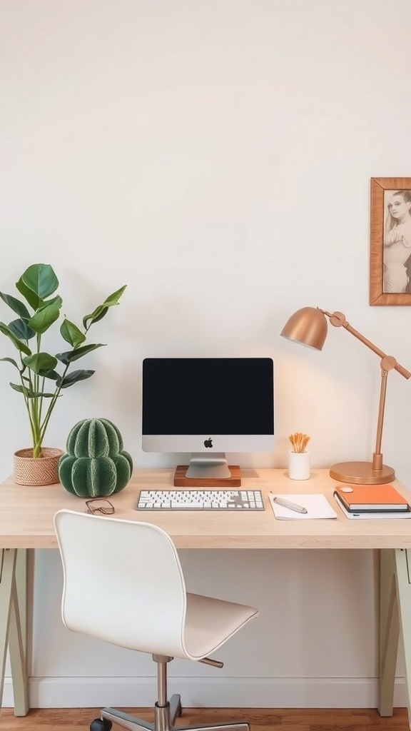 A cozy desk setup featuring a modern computer, plants, and warm colors.