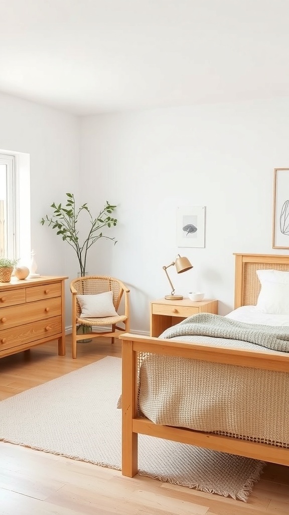 13 Stunning Bedroom Design Styles You Need to Try 3 A serene Scandinavian bedroom featuring light wood furniture, a cozy bed, and a plant in the corner.