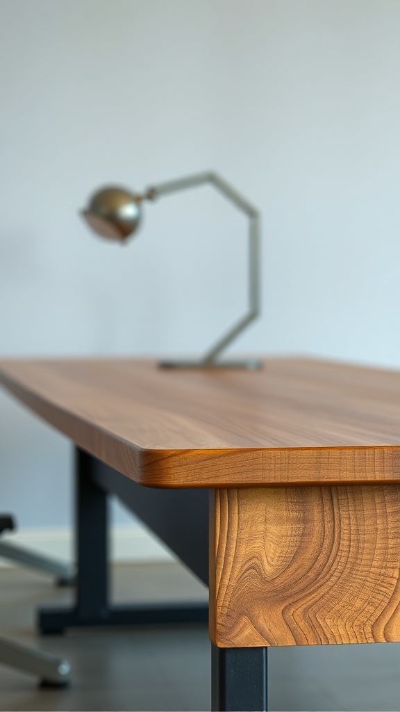 9 Stylish Double Desks for Your Home Office Setup 5 A close-up view of a wooden desk with a metal base and a stylish lamp.