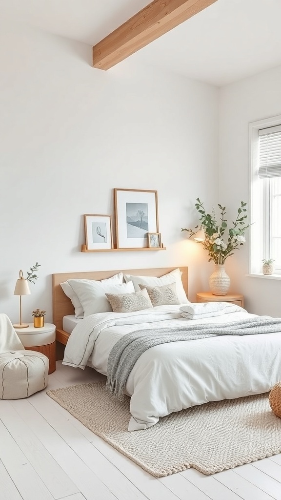 14 Stunning White Bedroom Ideas for a Dreamy Retreat 18 A cozy Scandinavian style white bedroom featuring a wooden bed frame, soft bedding, and minimal decor.