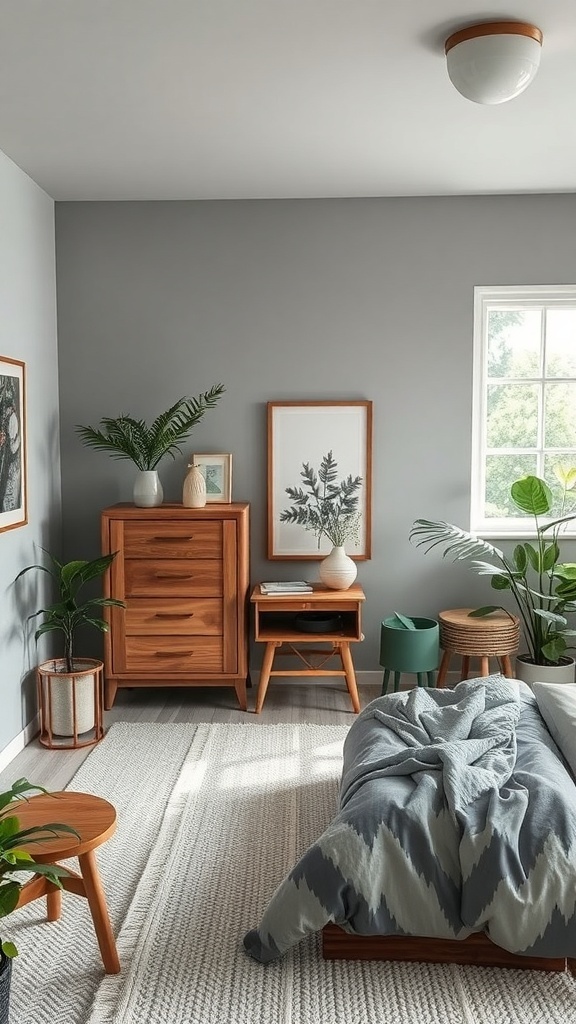 16 Stunning Grey Bedroom Ideas to Transform Your Space 18 A grey bedroom featuring wooden furniture, plants, and nature-themed artwork.