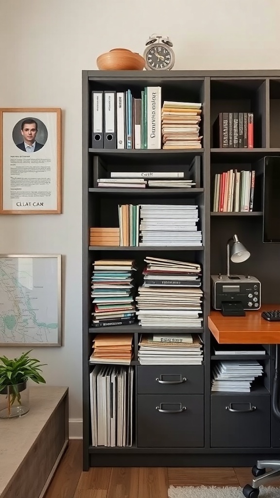 13 Essential Tips for an Organized Home Office 7 Organized bookshelf with files and documents in a home office setting