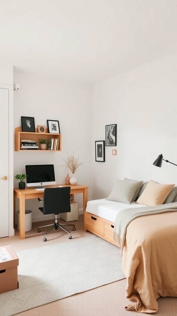 17 Stylish Home Office Guest Room Combos for Ultimate Efficiency 31 A cozy home office guest room combo featuring a desk with a computer, a bed with built-in storage, and decorative shelves.