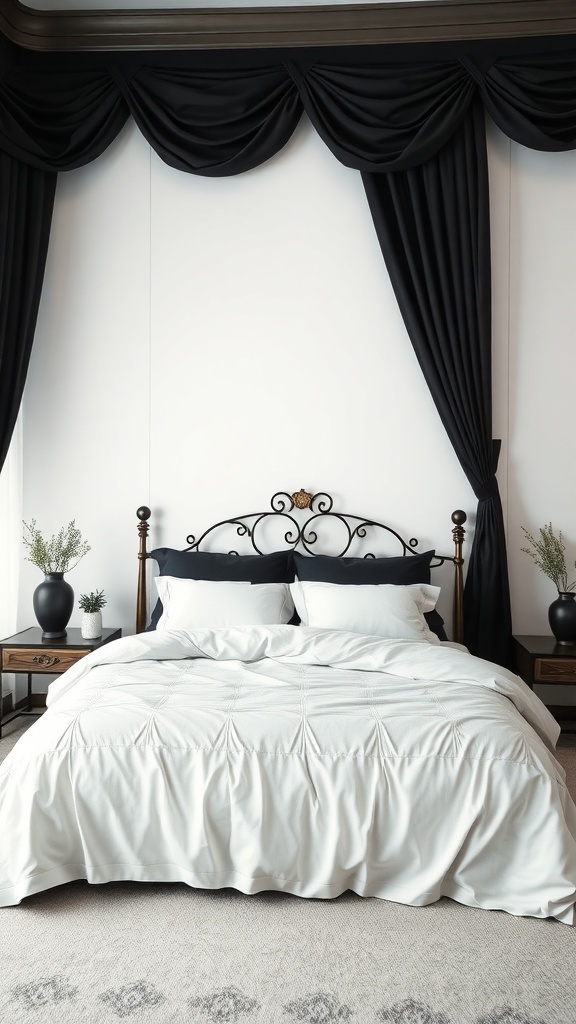 A luxurious black and white bedroom featuring a bed with white bedding, black drapes, and dark nightstands.