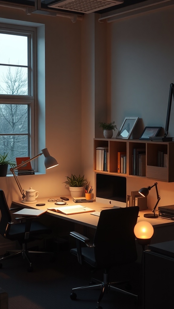 15 Creative Small Home Office Ideas for Maximum Productivity 6 A cozy small home office with a desk, computer, and warm lighting