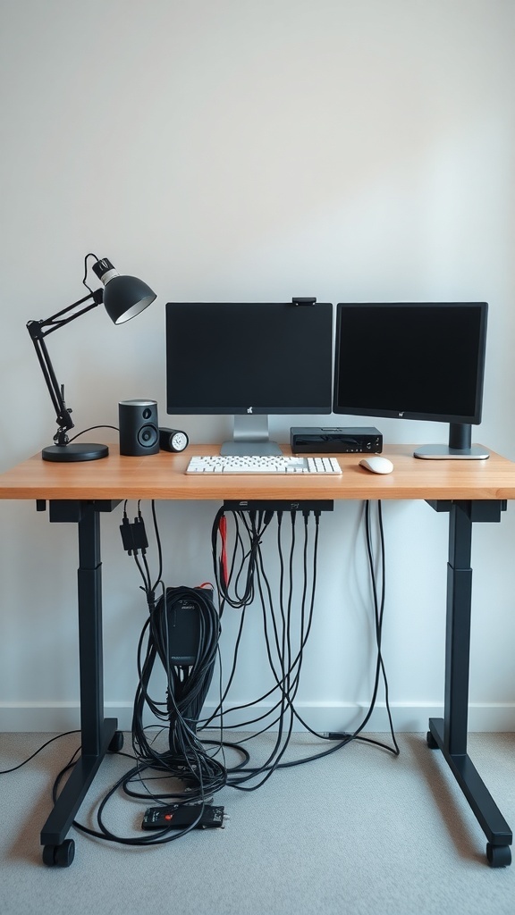 13 Must-Have Standing Desks for Your Home Office Setup 18 A standing desk with multiple devices and tangled cables.