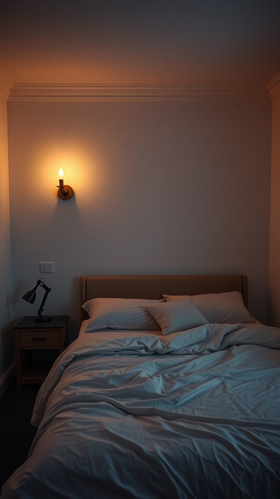 13 Creative Bedroom Ideas for Small Spaces 25 A cozy bedroom with soft lighting from a wall sconce and a bedside lamp.