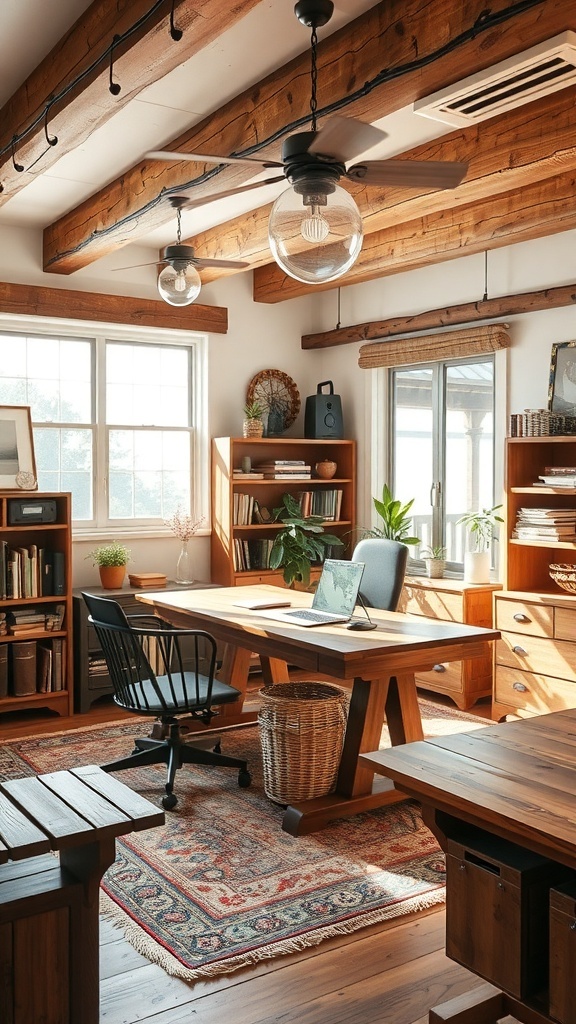 17 Inspiring Home Office Ideas for Men 23 A rustic home office featuring wooden beams, a large wooden desk, black chair, and bookshelves filled with books and decor.
