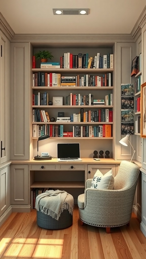 19 Creative Murphy Bed Office Guest Bedrooms Ideas 15 Cozy reading nook with a chair, ottoman, bookshelves, and a desk