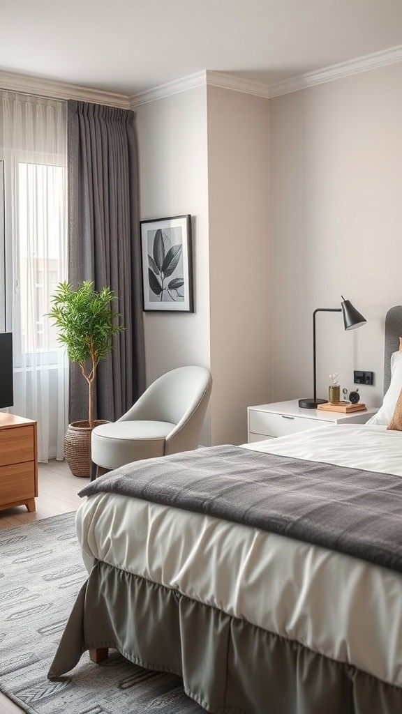 17 Stylish Home Office Guest Room Combos for Ultimate Efficiency 29 A cozy home office guest room with a bed, chair, and desk lamp, showcasing a blend of comfort and functionality.