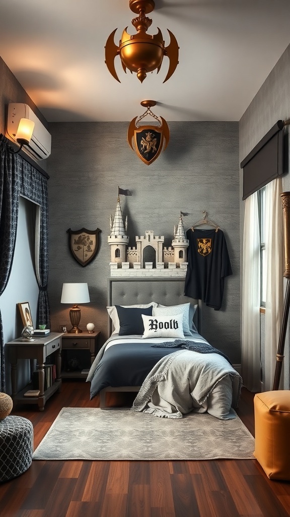 12 Creative Boys Bedroom Ideas for a Fun and Stylish Space 24 A fantasy castle-themed bedroom with knight decor featuring a castle headboard, knight shields on the walls, and cozy bedding.