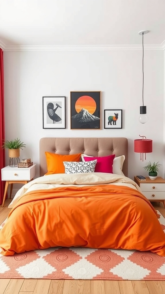 11 Chic Bedroom Ideas for Grown Women 15 A stylish bedroom featuring bold color accents with orange bedding, colorful pillows, and vibrant wall art.