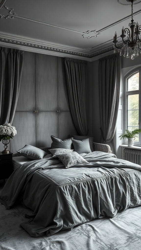 16 Stunning Grey Bedroom Ideas to Transform Your Space 31 A luxurious grey bedroom featuring soft bedding, elegant curtains, and a chandelier.