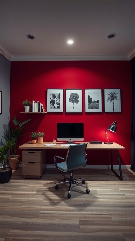 14 Inspiring Paint Colors for Your Home Office Makeover 4 A home office featuring a bold red accent wall, a wooden desk, and black and white artwork.