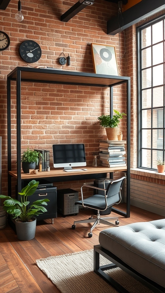 19 Creative Murphy Bed Office Guest Bedrooms Ideas 6 An industrial chic office space featuring a metal frame desk, wooden accents, and a brick wall.