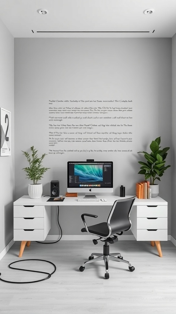 11 Inspiring Home Office Decor Ideas for a Productive Workspace 9 Modern home office setup with a sleek desk, computer, and plants.