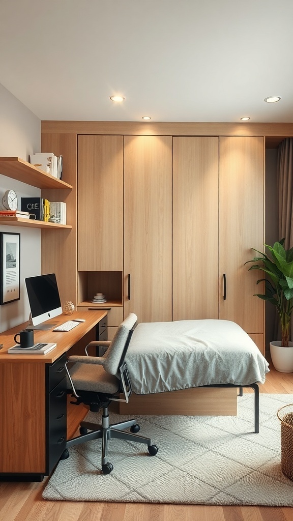 12 Stylish Home Offices Featuring Murphy Beds for Multi-Functional Spaces 23 A modern home office with a murphy bed, featuring warm wood tones, a desk with a computer, and a cozy atmosphere.