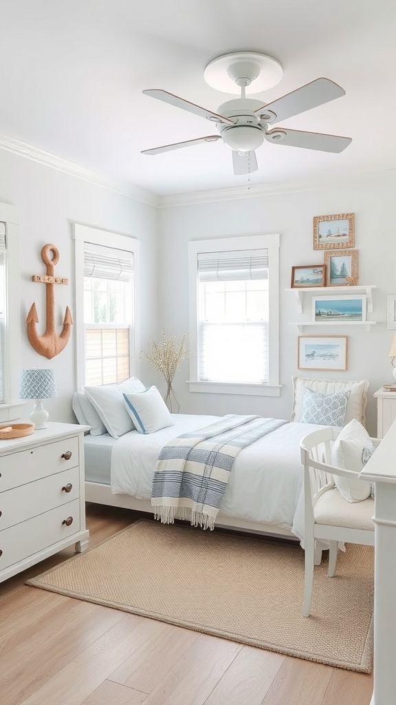10 Chic Guest Bedroom Ideas for a Cozy Retreat 20 A serene coastal-themed guest bedroom featuring white linens, blue accents, and nautical decor.