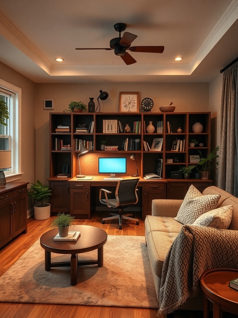 18 Stylish Modern Home Office Ideas to Inspire Your Space 29 A cozy modern home office with wooden furniture, a computer desk, bookshelves, and a comfortable sofa.