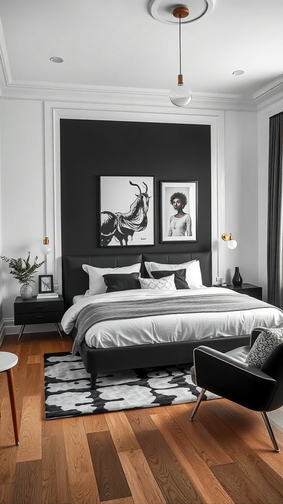 11 Chic Bedroom Ideas for Grown Women 18 A stylish bedroom featuring a monochrome palette with a black accent wall, modern furniture, and artistic decor.