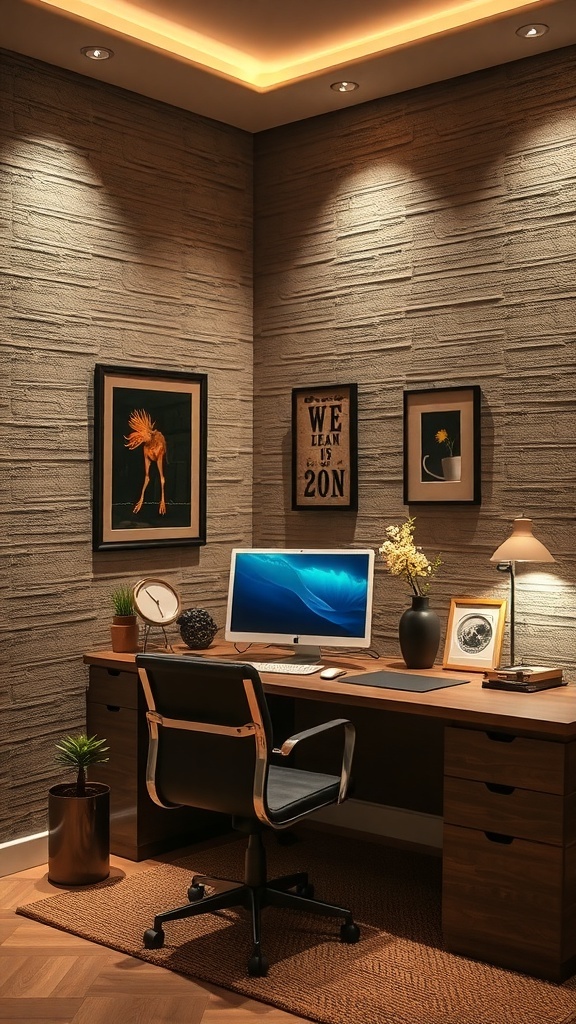 15 Stylish Moody Home Office Ideas for Ultimate Productivity 22 A cozy home office with textured walls, a wooden desk, and modern decor.