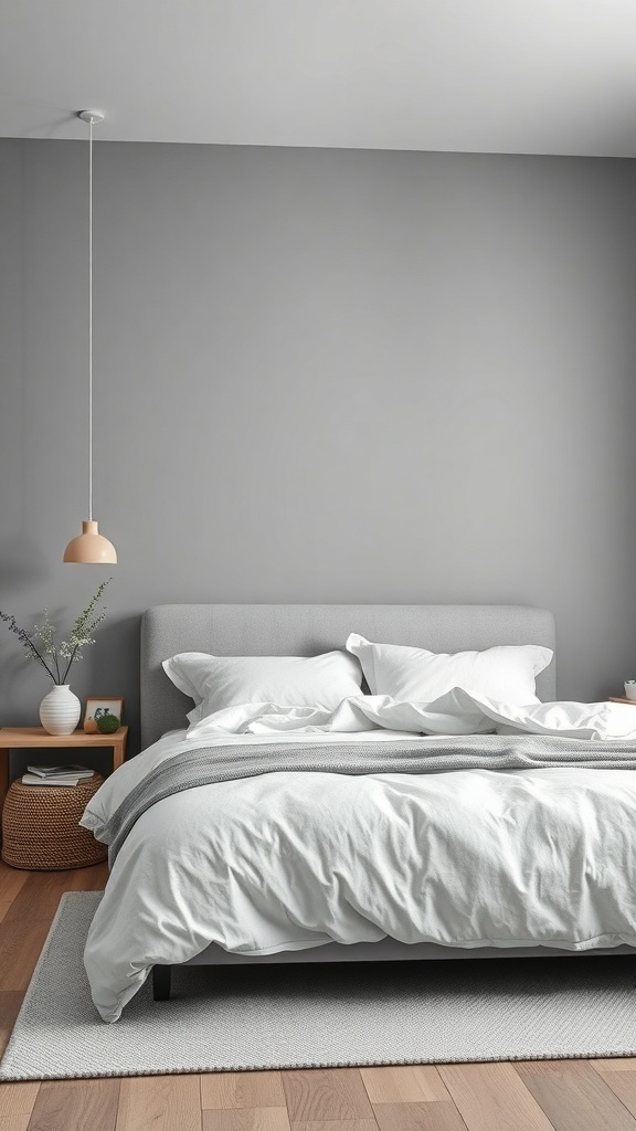 16 Stunning Grey Bedroom Ideas to Transform Your Space 26 A contemporary Scandinavian bedroom featuring grey walls, a light bed frame, and minimalist decor.