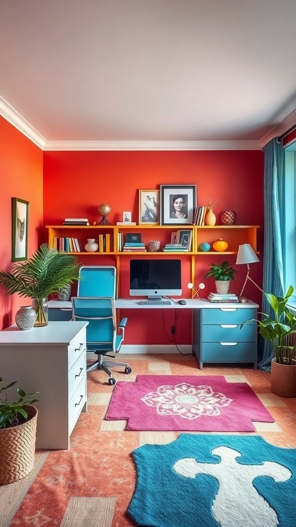 11 Inspiring Home Office Decor Ideas for a Productive Workspace 3 A vibrant home office with red walls, orange shelves, blue furniture, and colorful rugs.