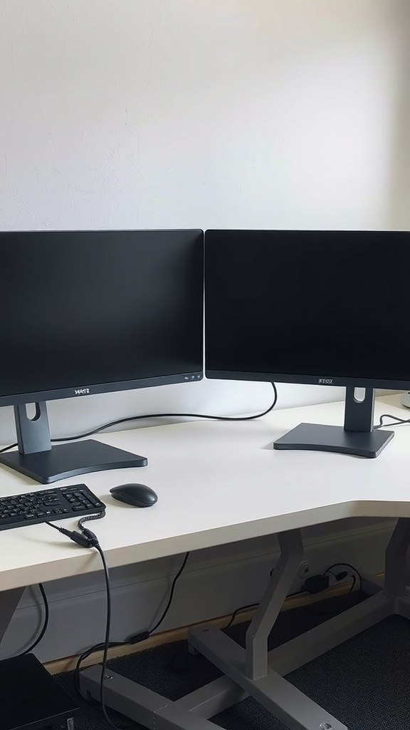 13 Essential Items for the Perfect Double Monitor Setup in Your Home Office 2 A dual monitor setup on a desk with visible cables underneath.