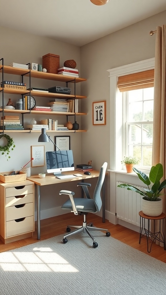 17 Stylish Home Office Guest Room Combos for Ultimate Efficiency 24 A cozy home office with vertical shelves, a desk, and a comfortable chair, showcasing effective use of space.