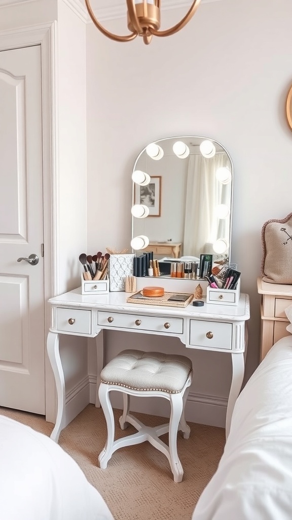 10 Chic Vanity Ideas to Elevate Your Bedroom Decor 20 A stylish white makeup desk with organized storage and a large mirror surrounded by lights.