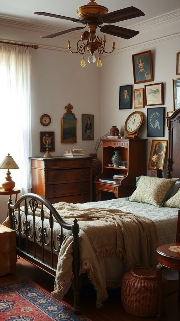 13 Elegant Bedroom Ideas for Grown Women 24 A vintage eclectic bedroom featuring a metal bed frame, framed art on the walls, a wooden dresser, and cozy decor.