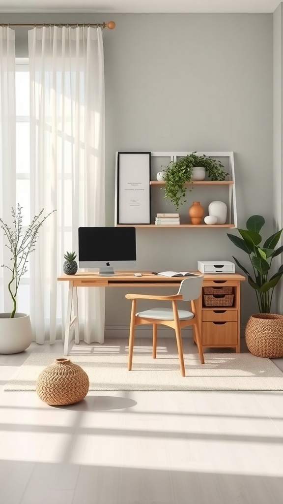 15 Stylish Moody Home Office Ideas for Ultimate Productivity 27 A serene home office with a wooden desk, computer, plants, and natural light.