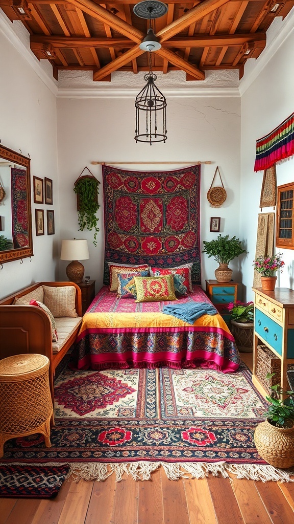 9 Stunning Bedroom Design Ideas to Transform Your Space 16 A cozy bedroom featuring a colorful bedspread, intricate rugs, plants, and a wooden ceiling, embodying a Bohemian chic style.