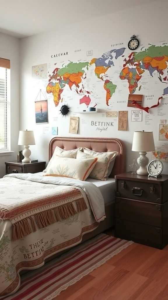 10 Stylish Bedroom Ideas Every Man Will Love 19 A cozy bedroom featuring a world map on the wall, travel-themed decor, and a comfortable bed.