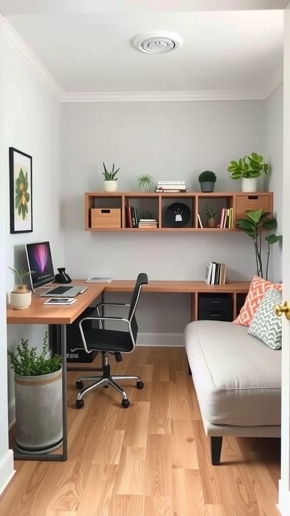17 Stylish Home Office Guest Room Combos for Ultimate Efficiency 32 A small home office with a desk, chair, and a sofa, featuring plants and shelves.