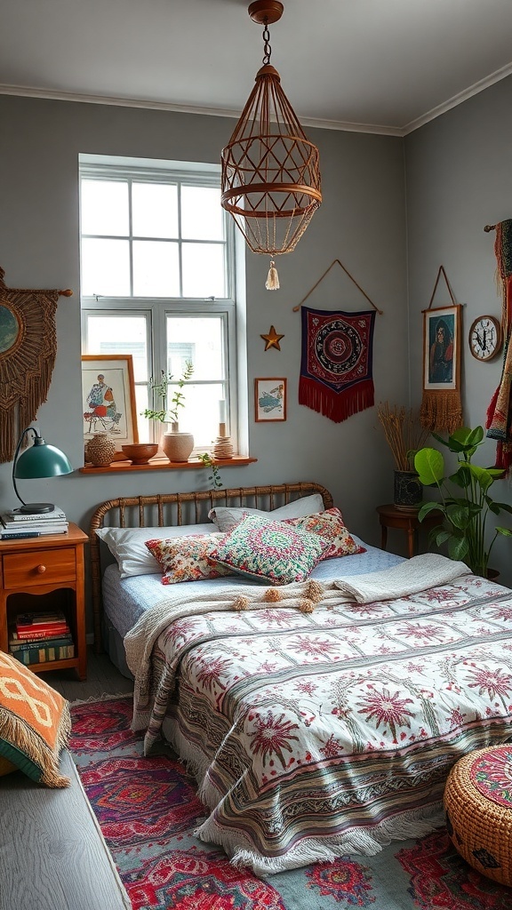 16 Stunning Grey Bedroom Ideas to Transform Your Space 32 A cozy grey bedroom with eclectic bohemian decor, featuring a bed with patterned pillows, a colorful rug, and various wall hangings.