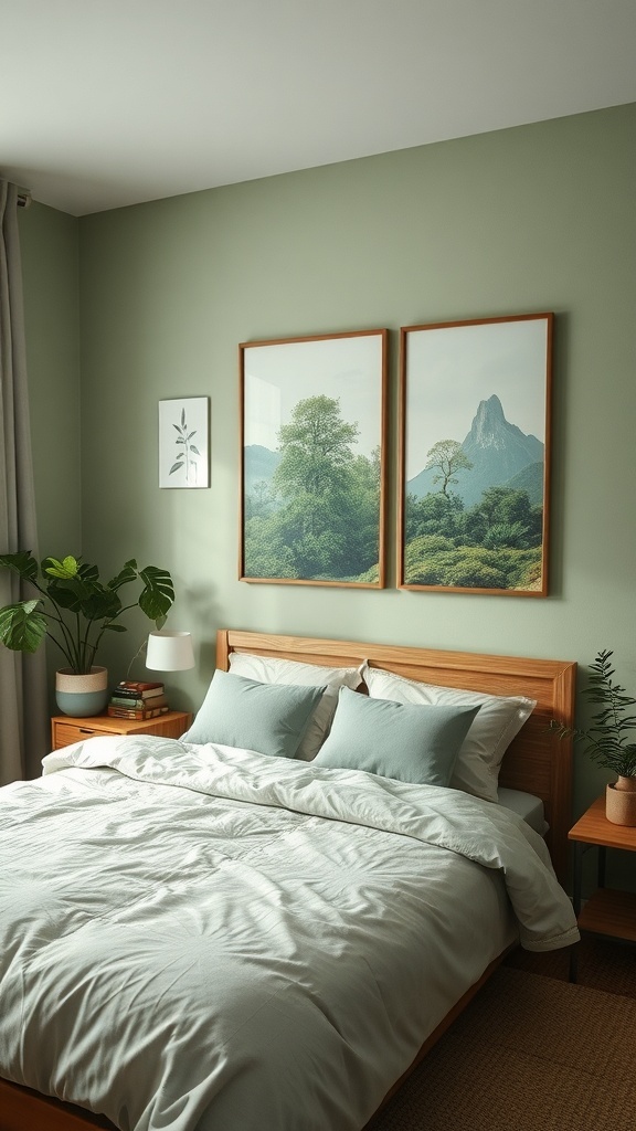 12 Inspiring Green Bedroom Ideas for a Refreshing Retreat 15 A cozy bedroom with nature-inspired artwork on the walls, featuring landscape paintings and indoor plants.