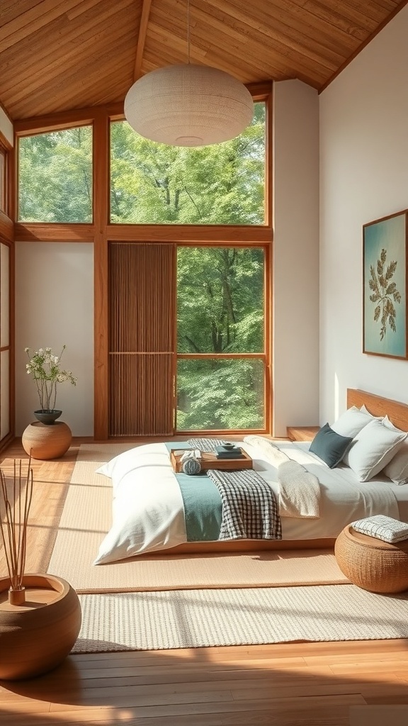 13 Stylish Bedroom Ideas to Transform Your Space 17 A serene bedroom with large windows, wooden elements, and soft bedding, surrounded by greenery.