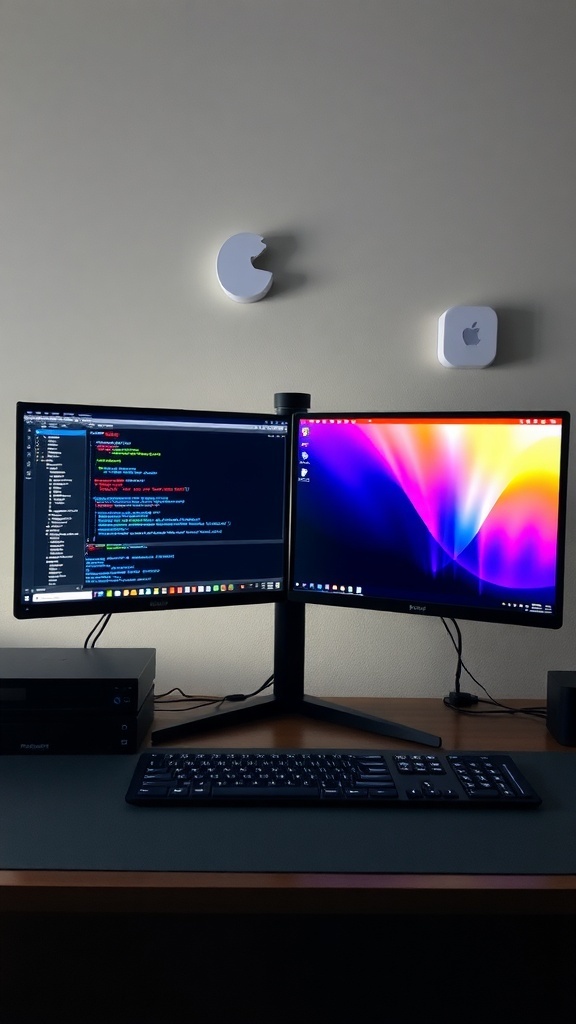 13 Essential Items for the Perfect Double Monitor Setup in Your Home Office 4 A dual monitor setup featuring one screen displaying code and the other a colorful desktop background.