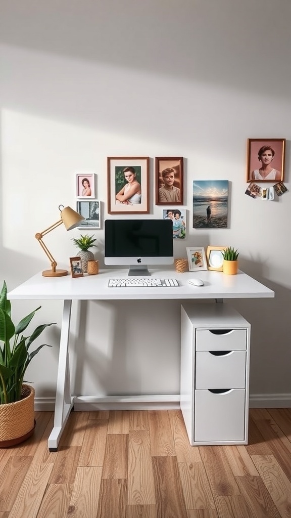 13 Must-Have Standing Desks for Your Home Office Setup 24 A modern standing desk setup with a computer, decorative photos, plants, and a drawer unit.