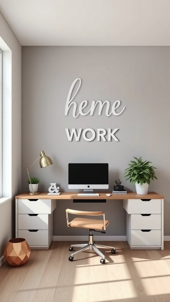 10 Must-Have Masculine Decor Items for Your Home Office 12 A modern minimalist home office featuring a wooden desk, white drawers, a computer, and plants.