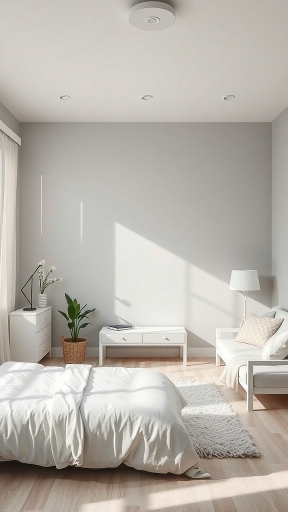 16 Stunning Grey Bedroom Ideas to Transform Your Space 22 A bright and airy grey bedroom with white bedding and furniture, featuring natural light and plants.
