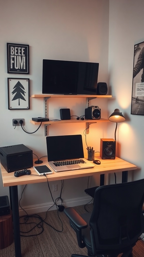 15 Creative Small Home Office Ideas for Maximum Productivity 2 A small home office setup featuring a desk with a laptop, gaming console, and speakers, along with shelves and warm lighting.