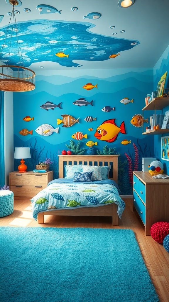 12 Creative Boys Bedroom Ideas for a Fun and Stylish Space 21 A boy's bedroom designed with an underwater theme, featuring blue walls, fish decorations, and ocean-inspired bedding.