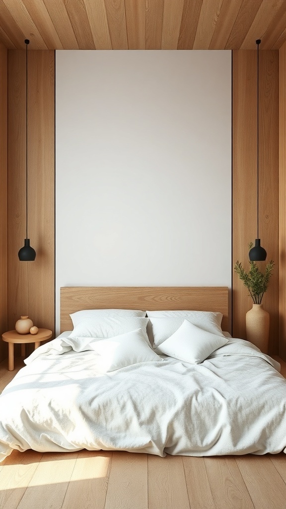 10 Minimal Bedroom Ideas for a Calm and Clutter-Free Space 8 A minimal bedroom featuring a wooden bed frame, white bedding, and natural decor elements.
