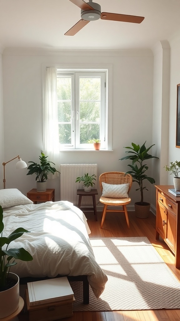14 Cozy Bedroom Ideas to Transform Your Space 17 A cozy bedroom with plants, a bed, and natural light from a window.